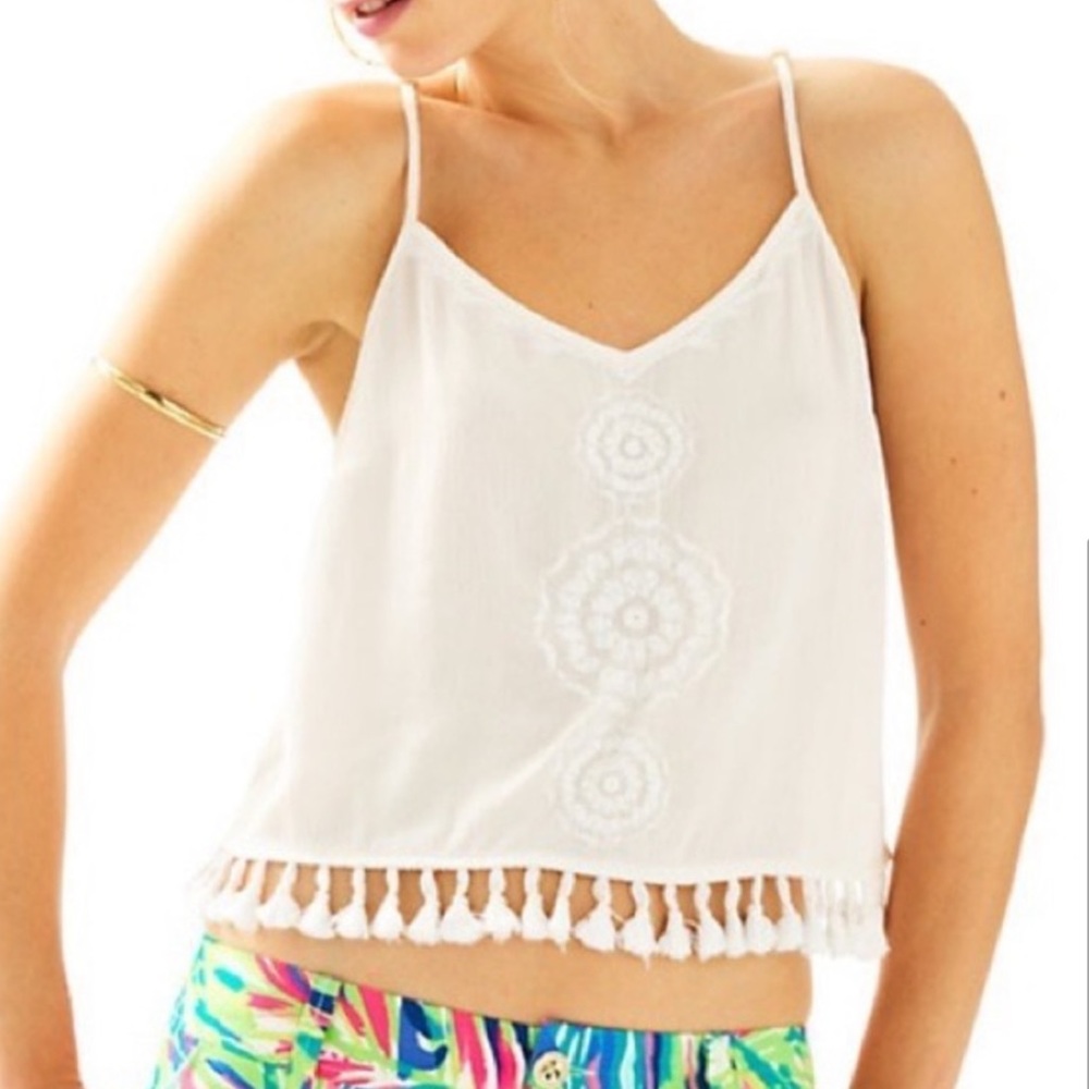 LILLY PULITZER Embroidered Pom Pom Tassel Hem Ivory Racerback Tank Top
